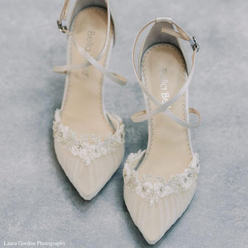 Floral Crystal Trim Pleated Tulle 3 Inch Block Heel Pumps