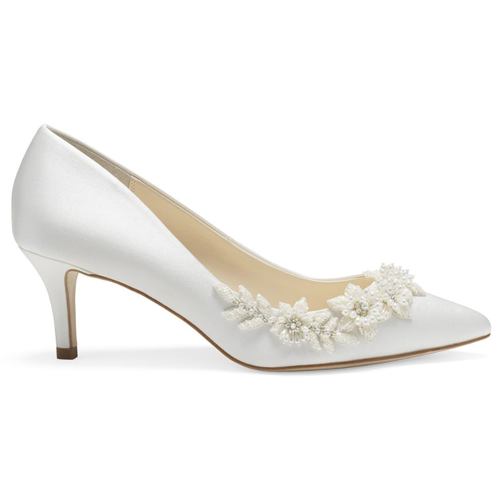 Bella Belle Shoes Iris 3D Floral Pearls and Beads Ivory Kitten Heels