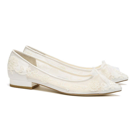 Floral Ivory Lace Flats for Brides with Petite Picot Ribbon