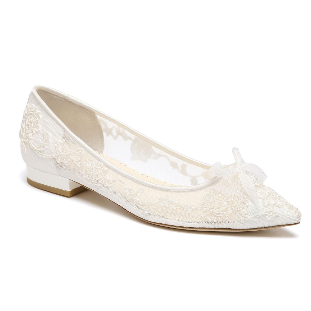 Floral Ivory Lace Flats for Brides with Petite Picot Ribbon