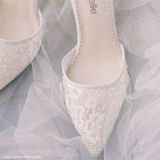 Ankle Tie Lace Flats for Wedding with Pearls | Bella Belle