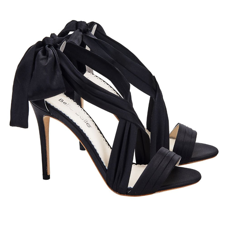 Black Ribbon Heels with Oversized Ankle Tie Bow | Bella Belle