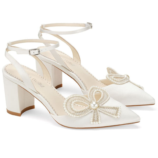 Slingback Pearl Wedding Shoes with Bow and Block Heel