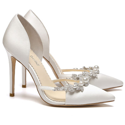 D’Orsay Cut, Ivory Silk Crystal & Pearl Studded Heels