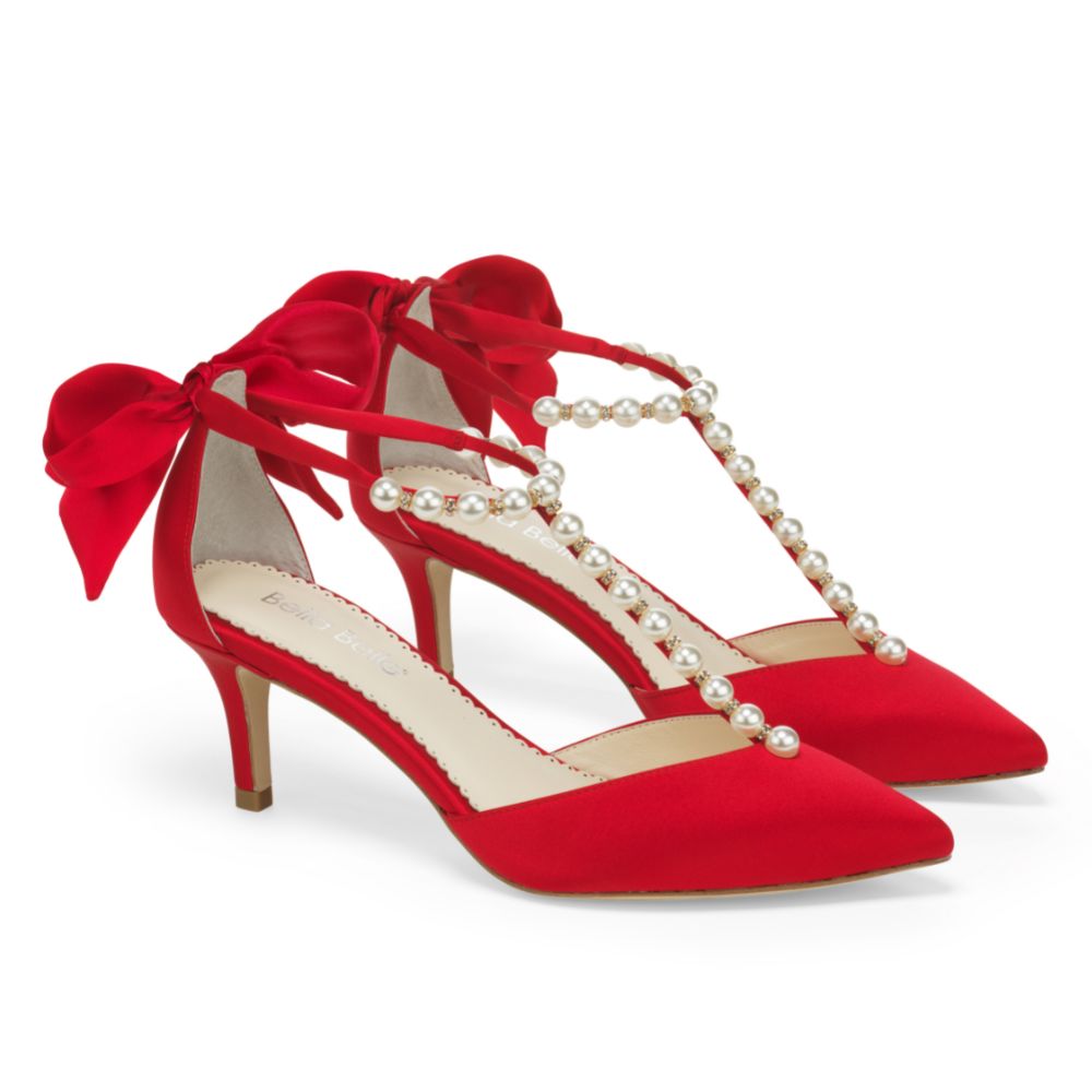 Red Kitten Heels with Pearl T Straps and Bow, Lisa
