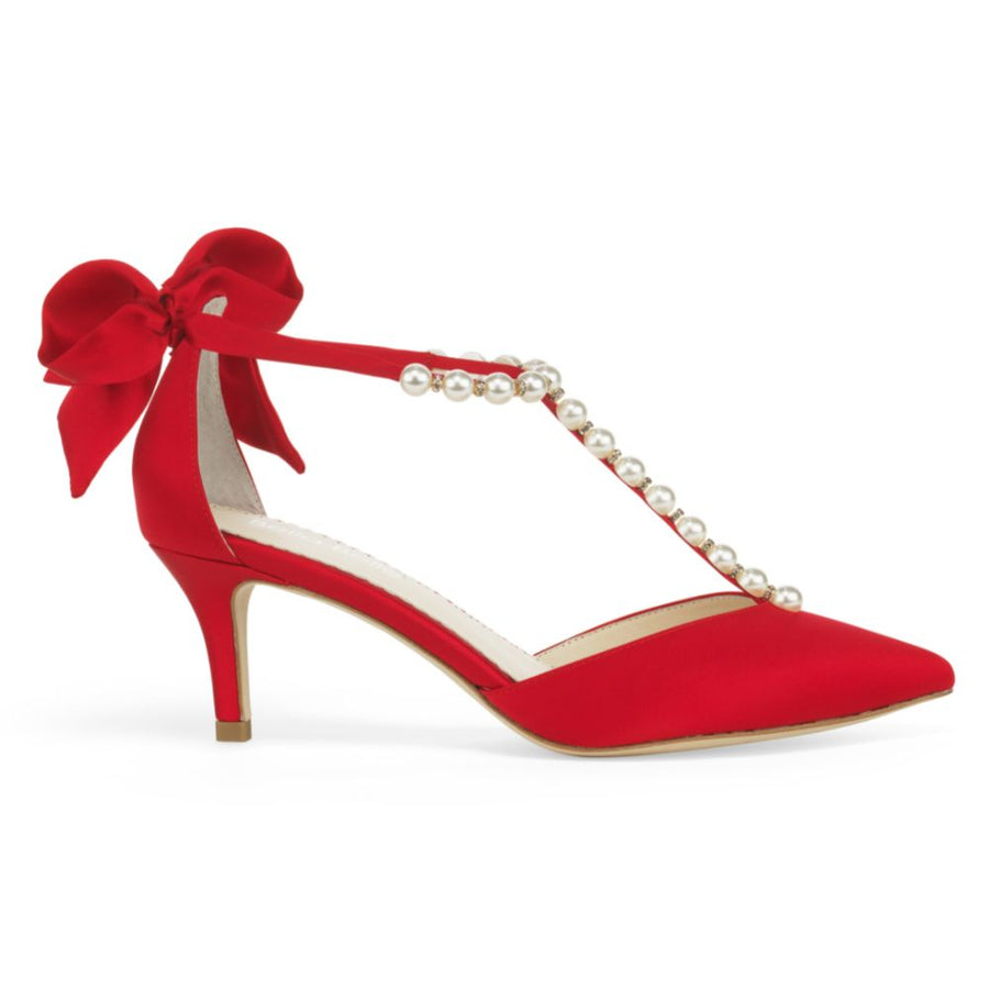 Bella Belle Shoes Lisa Pearls and Crystal Red Bow Kitten Heel
