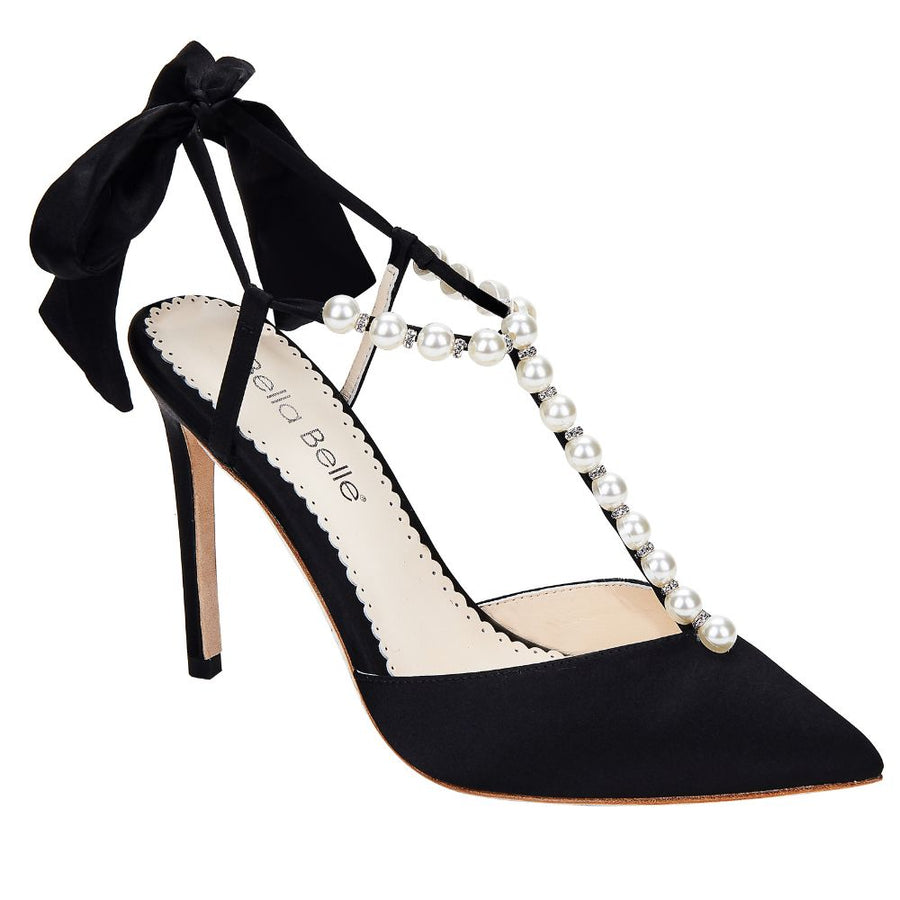 Bella Belle Shoes Lisbeth Luminous Pearls and Crystal Black Silk Bow Evening Heel