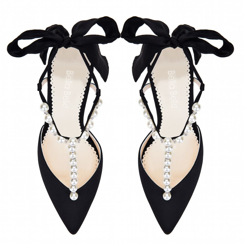 Bella Belle Shoes Lisbeth Luminous Pearls and Crystal Black Silk Bow Evening Heel