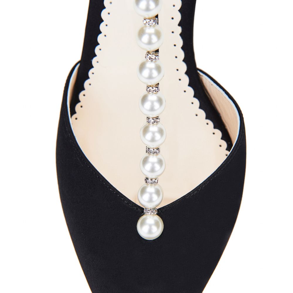 Bella Belle Shoes Lisbeth Luminous Pearls and Crystal Black Silk Bow Evening Heel
