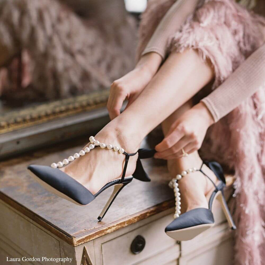 Bella Belle Shoes Lisbeth Luminous Pearls and Crystal Black Silk Bow Evening Heel