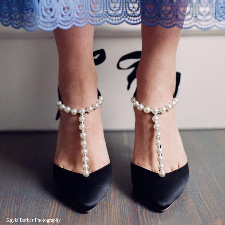 Bella Belle Shoes Lisbeth Luminous Pearls and Crystal Black Silk Bow Evening Heel