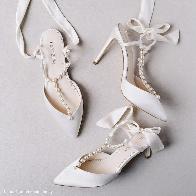 Pearl T-Strap Ivory Heels with Ankle Wrap Bow