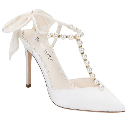 Pearl T-Strap Ivory Heels with Ankle Wrap Bow - Main Image