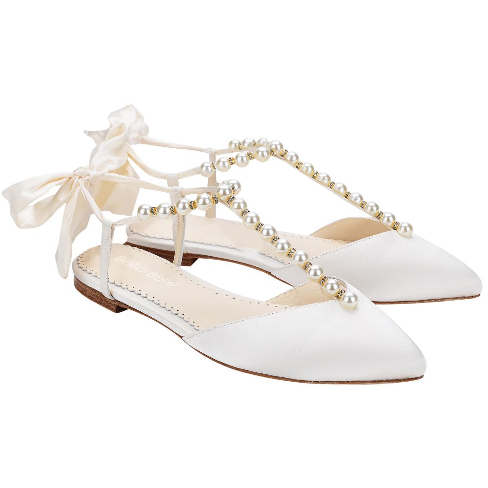 Lulu Wedding T Strap Crystal Pearl Flats Wedding Ankle Bow