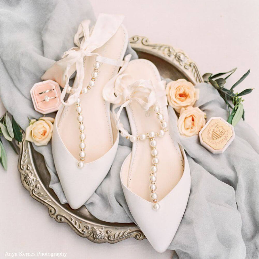 Bella Belle Shoes Lulu Luminous Pearls and Crystal Ivory Silk Bow Wedding Flats