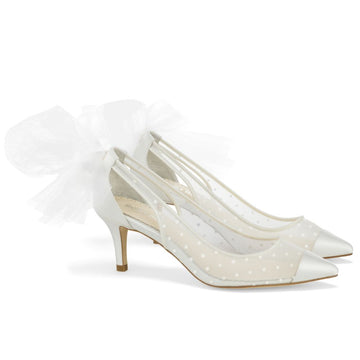 Bella Belle Shoes Maggie Ivory Swiss Dot Cap Toe Low Heel with Tulle Bow