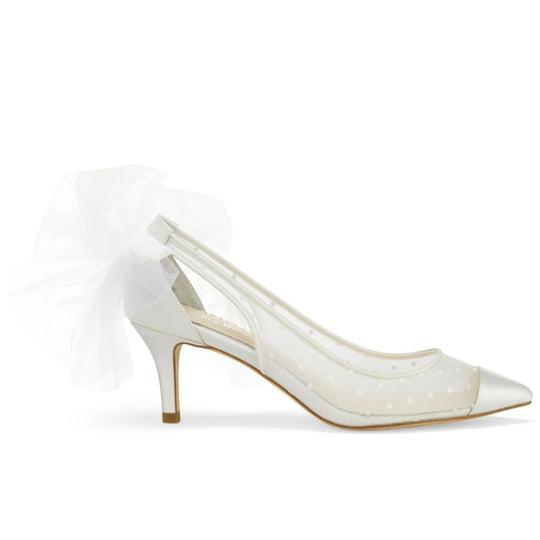 Bella Belle Shoes Maggie Ivory Swiss Dot Cap Toe Low Heel with Tulle Bow