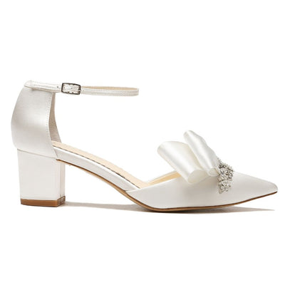 Crystal Flower Embellished Block Heels with Asymmetric Bow