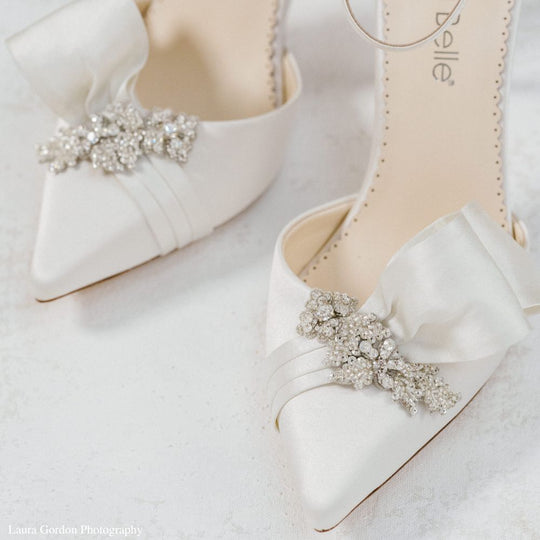 Asymmetrical Bow Heel Crystal Embellished Floral Brooch Shoes