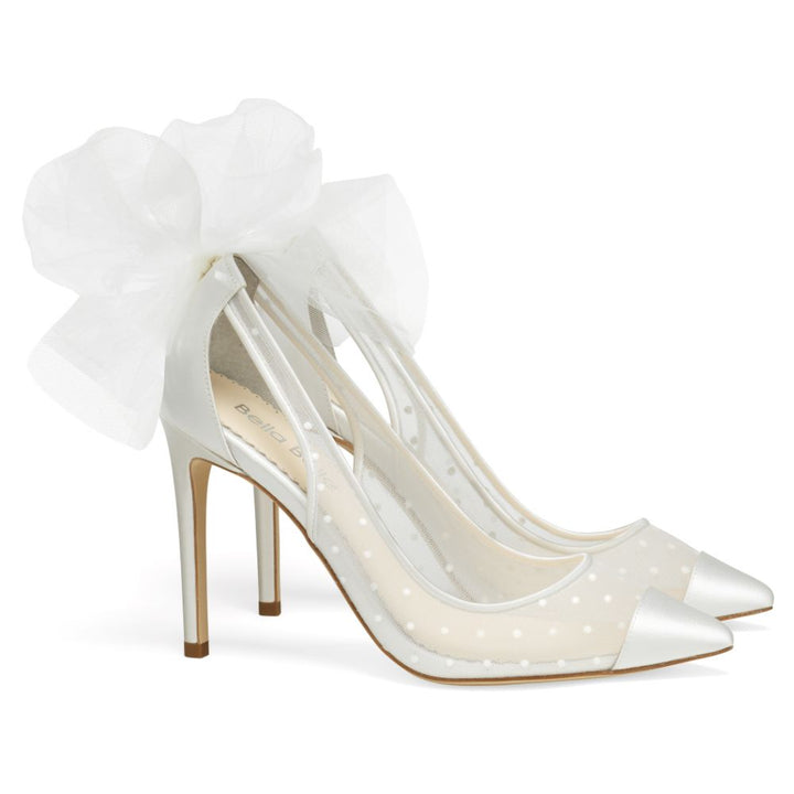 Illusion Mesh Polka Dot Ivory Slingback Tulle Heels with Bow