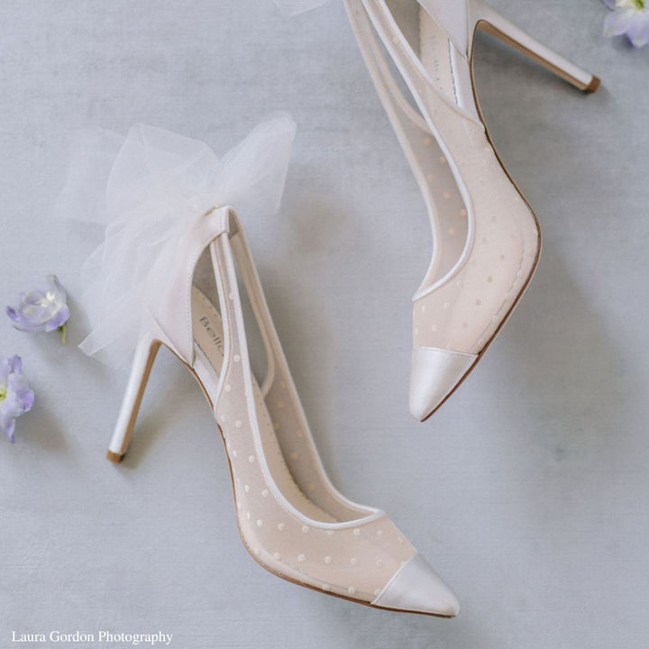 Illusion Mesh Polka Dot Ivory Slingback Tulle Heels with Bow
