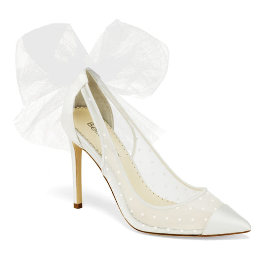 Illusion Mesh Polka Dot Ivory Slingback Tulle Heels with Bow