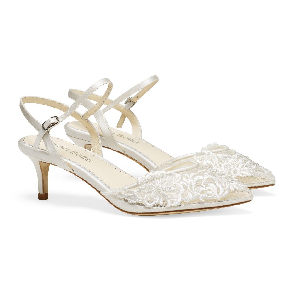 Mina Wedding Floral Lace Low Heel Pearl Accents