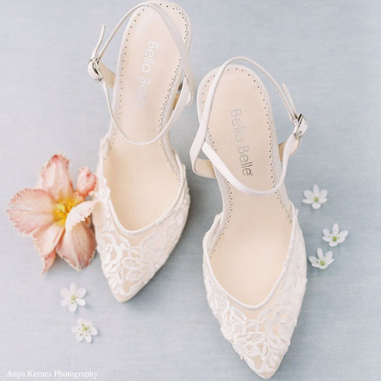 Floral Lace Low Heel Shoes with Ankle Cross Straps