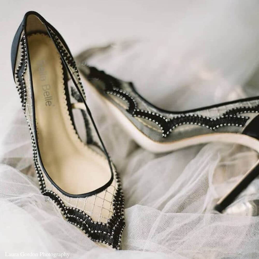 Black Mesh Heels with Pearls & Silver Argyle Cross Threads