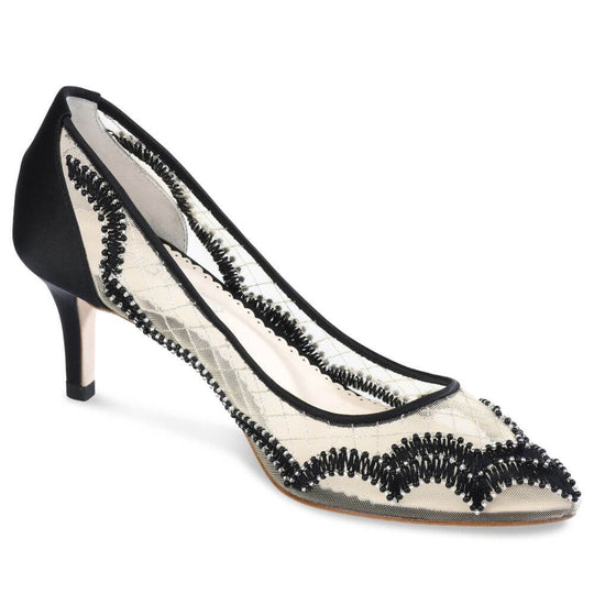 Bella Belle Shoes Nicole Scalloped Embroidered Black Evening Kitten Heels