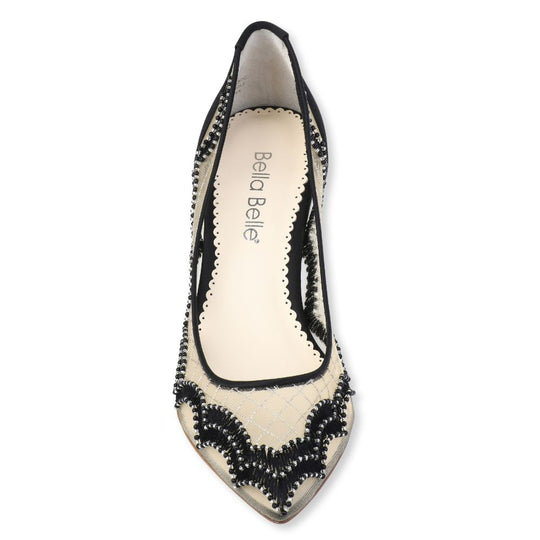 Bella Belle Shoes Nicole Scalloped Embroidered Black Evening Kitten Heels