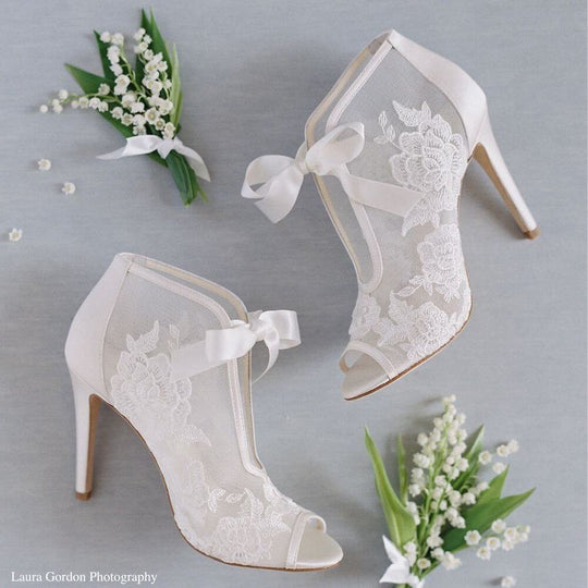 Bella Belle Shoes Nikki Ivory Ribbon Tie Lace Embroidered Bootie