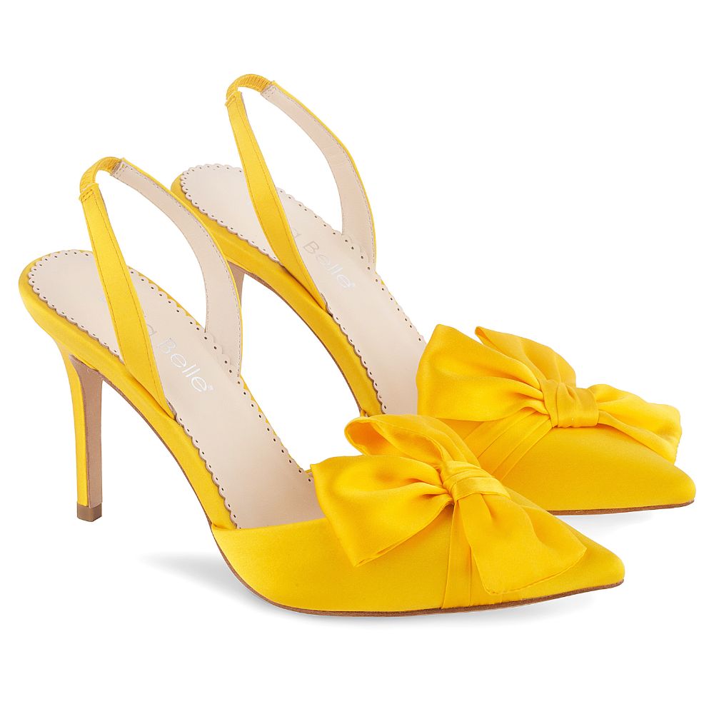 Yellow slingback high heel pumps in checked fabric . PURA LOPEZ