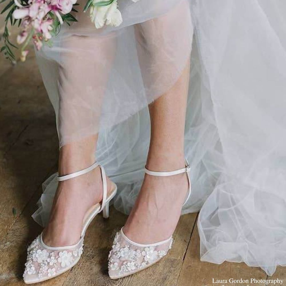 3D Floral Ivory Low Heel Pearl Wedding Shoes | Bella Belle