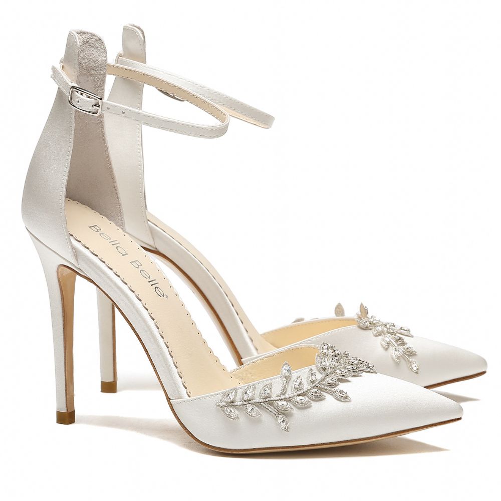 Ivory strappy bridal heel with ankle buckle and silver jeweled floral ornament