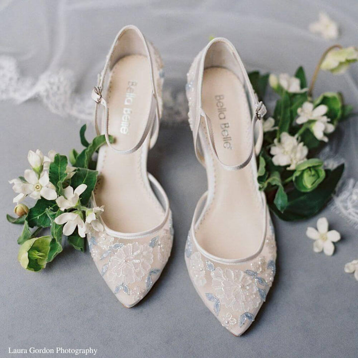 Blue Leaf Ivory Block Heel Wedding Shoes
