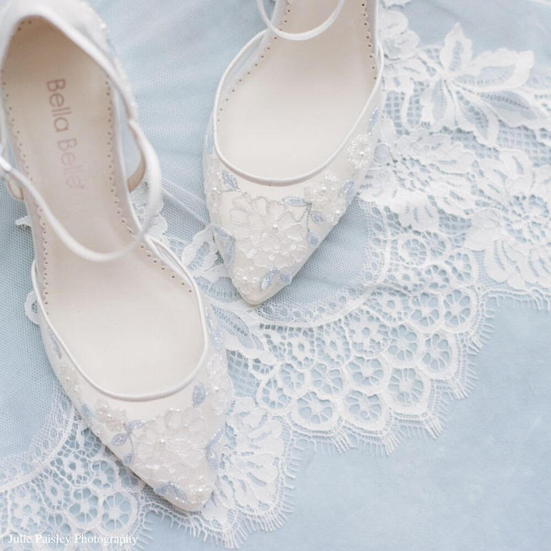 Bella Belle Shoes Vivian Baby Blue Floral Lace Ivory Wedding Block Heel