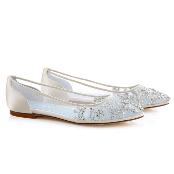 Crystal Embellished Blue Insole Clear Flats for Wedding