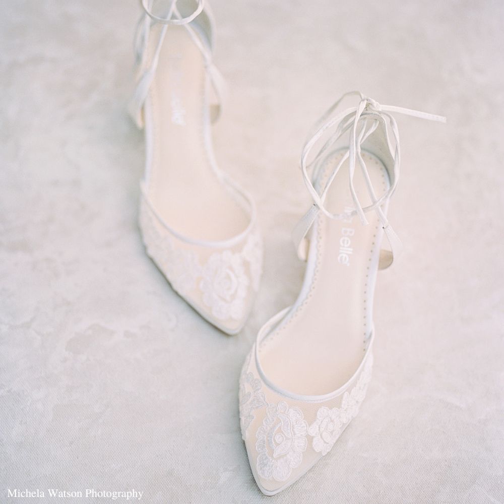 Ivory Block Heel Wedding Shoes with Floral Lace Appliqué