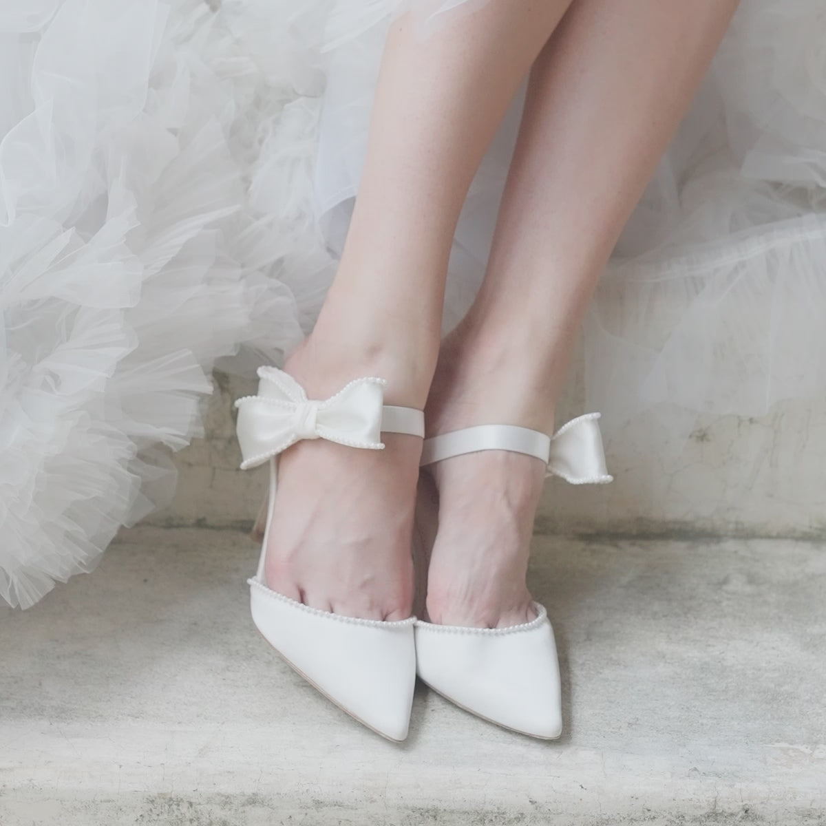 Kitten Heel Mule Wedding Shoes with Pearl Trimmed Bows
