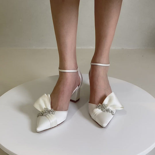 Bella Belle Shoes Margo Ivory Flower Crystal Embellished Block Heels